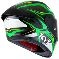 Backside of a KYT NZ Race Helmet in Green with white, yellow and black accents showing padding on the inside on a white background