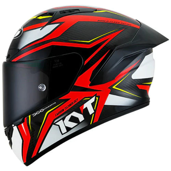 KYT NZ Race Helmet in Red with white, yellow and black accents on a white background
