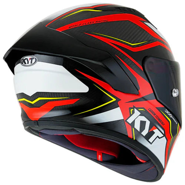 Backside of a KYT NZ Race Helmet in Red with white, yellow and black accents showing padding on the inside on a white background