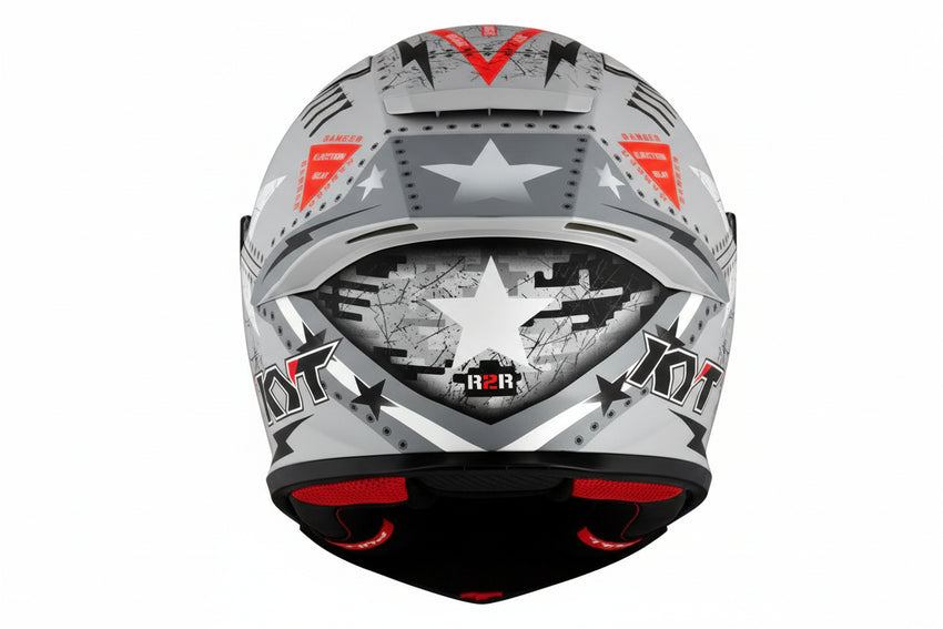 KYT R2R Assault motorcycle helmet  fighter pilot with star design in matt grey and red accents on a white background