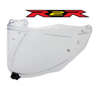 Clear motorcycle helmet visor with R2R logo above on a white background