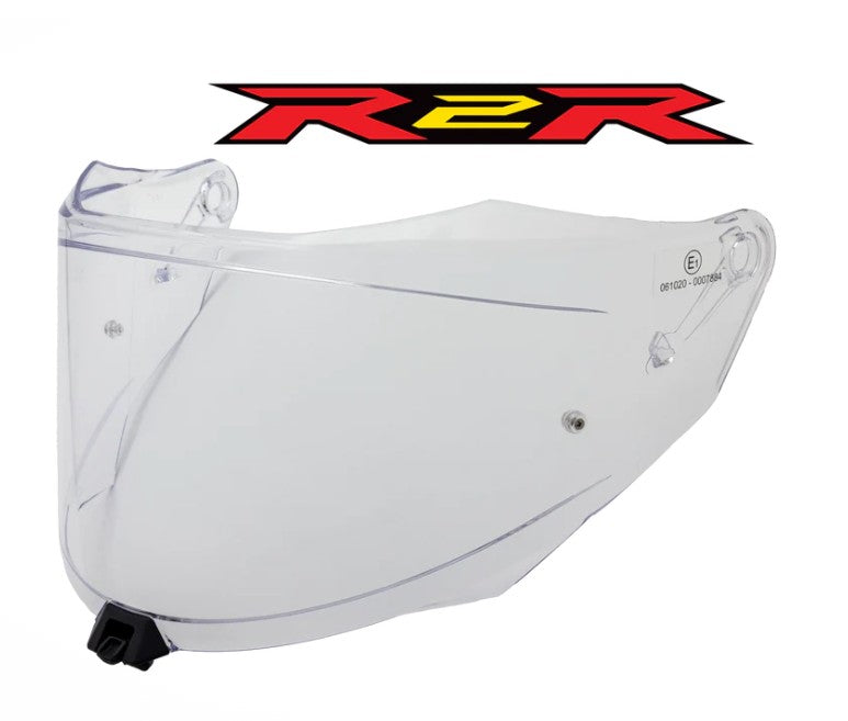 Clear motorcycle helmet visor with R2R logo above on a white background