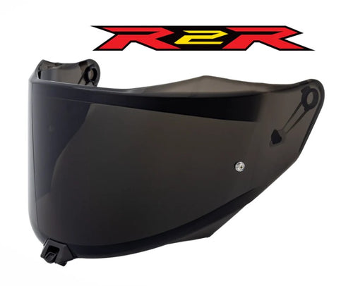 Dark Grey motorcycle helmet visor with R2R logo above on a white background