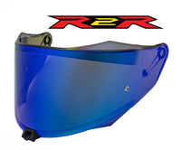 Blue motorcycle visor with R2R logo above on a white background