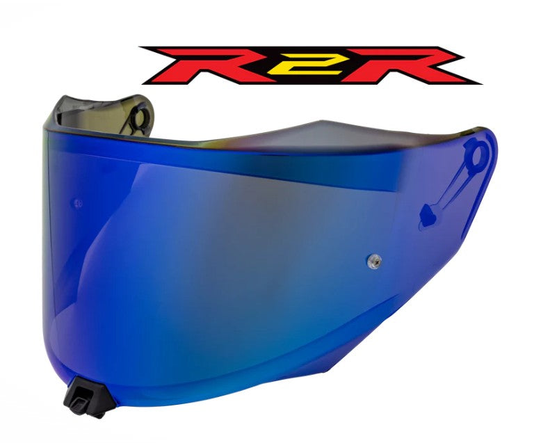 Blue motorcycle visor with R2R logo above on a white background
