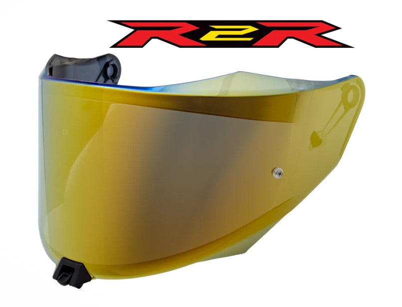 Gold motorcycle helmet visor with R2R logo in the background