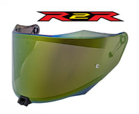 Green motorcycle helmet visor with R2R logo above on a white background