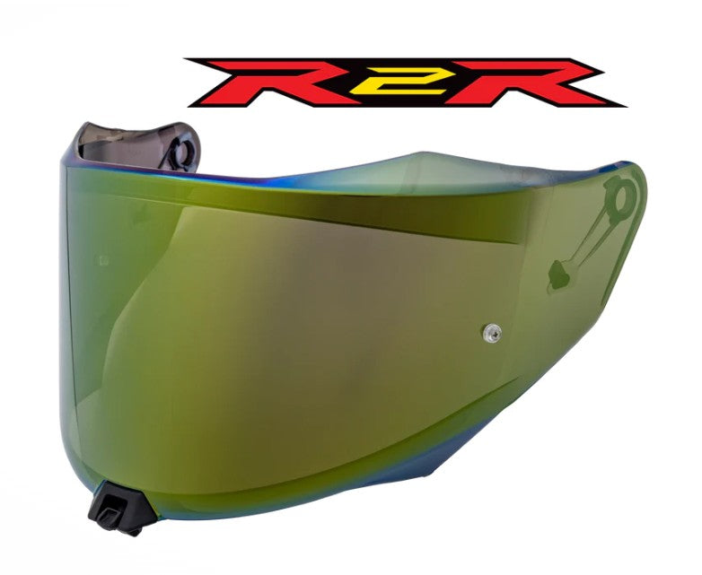 Green motorcycle helmet visor with R2R logo above on a white background
