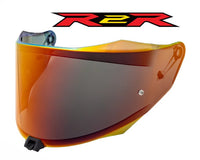 Red motorcycle helmet visor with R2R logo above on a white background