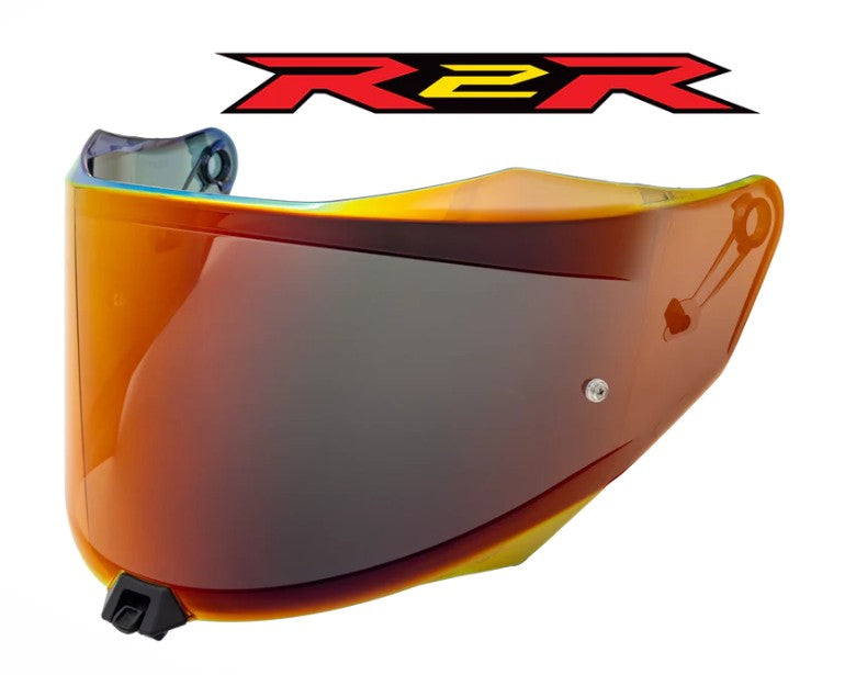 Red motorcycle helmet visor with R2R logo above on a white background