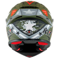 KYT R2R Max Assault Motorcycle helmet with army design in matte army green with with white and black star and red white and black accents and visible branding on a white background