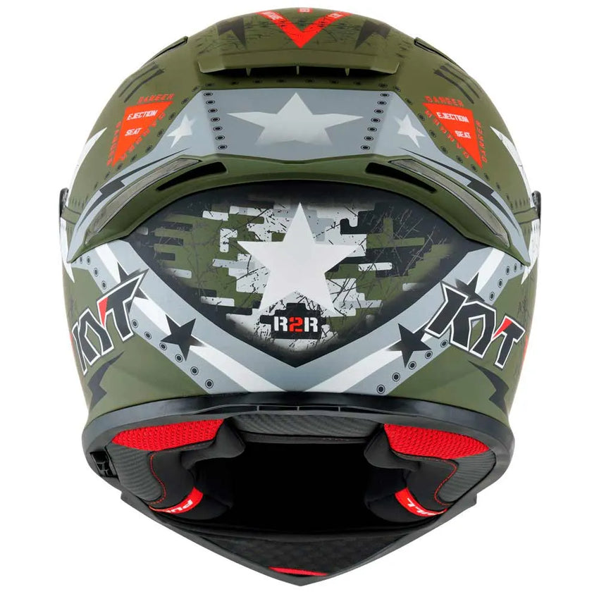 KYT R2R Max Assault Motorcycle helmet with army design in matte army green with with white and black star and red white and black accents and visible branding on a white background