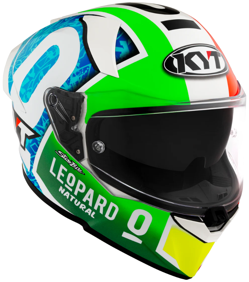 Colourful KYT R2R Misano Replica Motorcycle Helmet Right side with visible branding on a white background