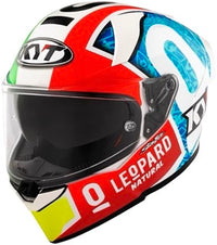 Colorful KYT R2R Misano Replica Motorcycle Helmet left side visible branding on a white background