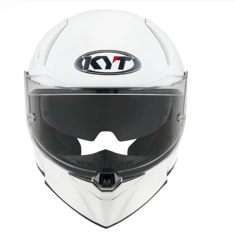 White KYT motorcycle helmet with clear visor on a white background