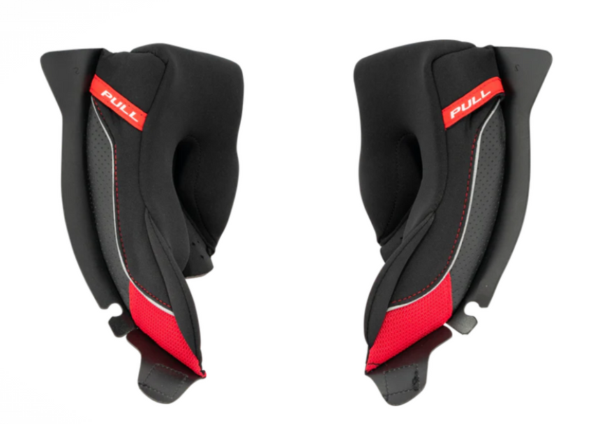 Two black and red car seat covers with 'PULL' label on a white background