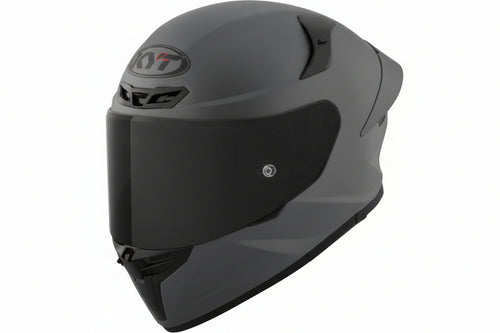 KYT TT-REVO Motorcycle Helmet in matte gray with a KYT brand logo on a white background