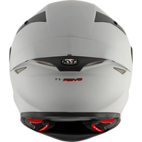 Rear view of the KYT TT-Revo full-face motorcycle helmet in Matte Asp Grey with an aerodynamic shell, integrated rear exhaust ventilation, lightweight construction, and race-inspired styling. DOT and ECE certified sport bike helmet engineered for optimal airflow, comfort, and protection on the street and track.