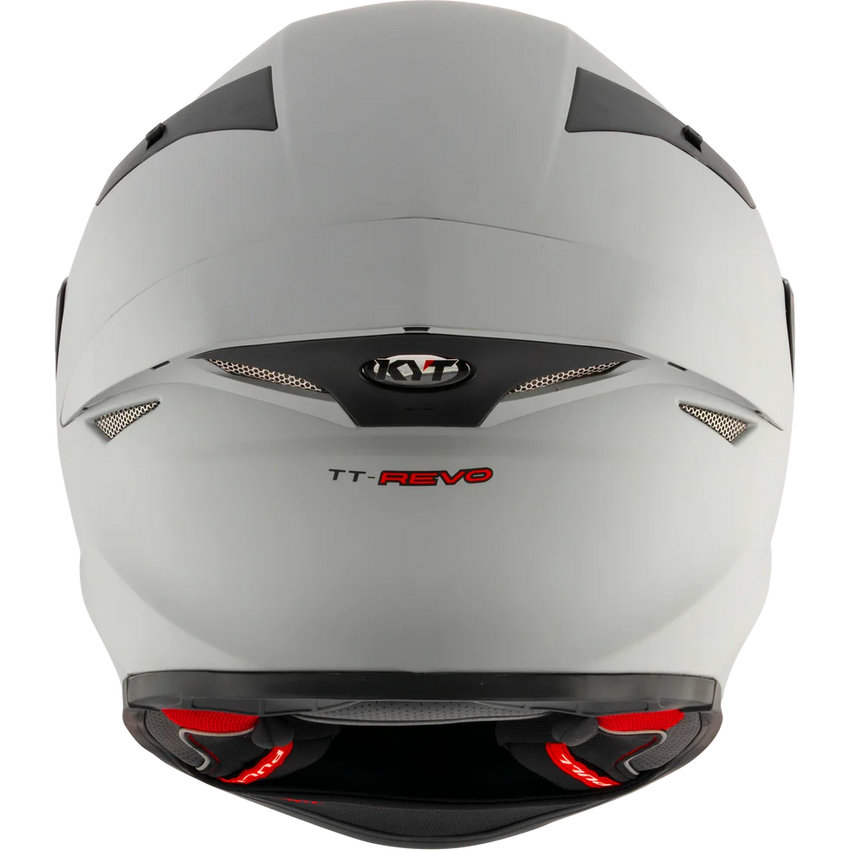 Rear view of the KYT TT-Revo full-face motorcycle helmet in Matte Asp Grey with an aerodynamic shell, integrated rear exhaust ventilation, lightweight construction, and race-inspired styling. DOT and ECE certified sport bike helmet engineered for optimal airflow, comfort, and protection on the street and track.