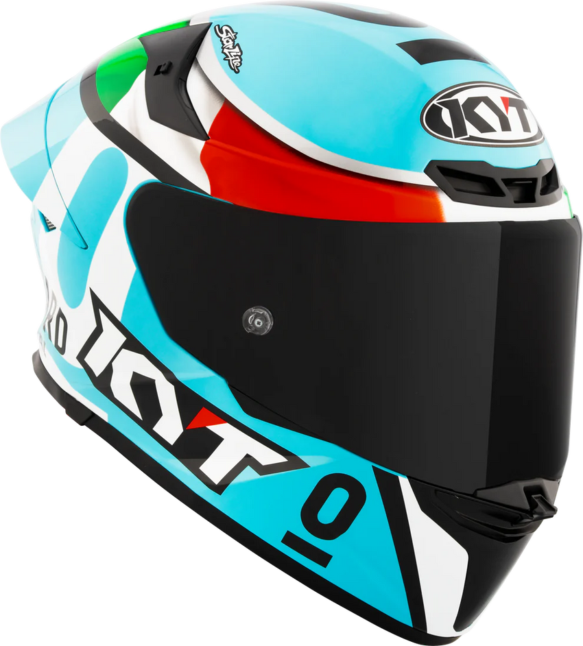 Colorful KYT TT Revo Leopard Replica motorcycle helmet right side view with branding on a white background