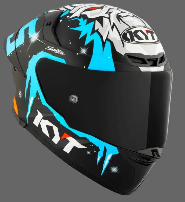 Motorcycle helmet with blue and white design on a gray background