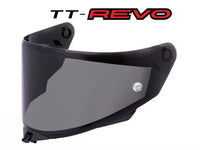 dark  tinted motorcycle visor with 'TT-Revo' branding on a white background