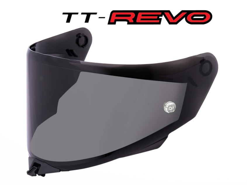 dark  tinted motorcycle visor with 'TT-Revo' branding on a white background