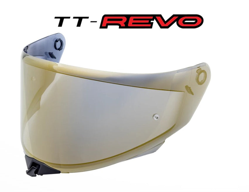 Gold tinted helmet Visor with TT-REVO logo on a white background