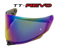 Multicolored visor with 'TT-Revo' branding on a white background