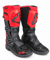 LEATT 3.5 MX motocross boots in black, charcoal grey and red, shown as a pair on a clean white background with protective shin panels, adjustable buckles, reinforced ankle protection and rugged motocross soles.