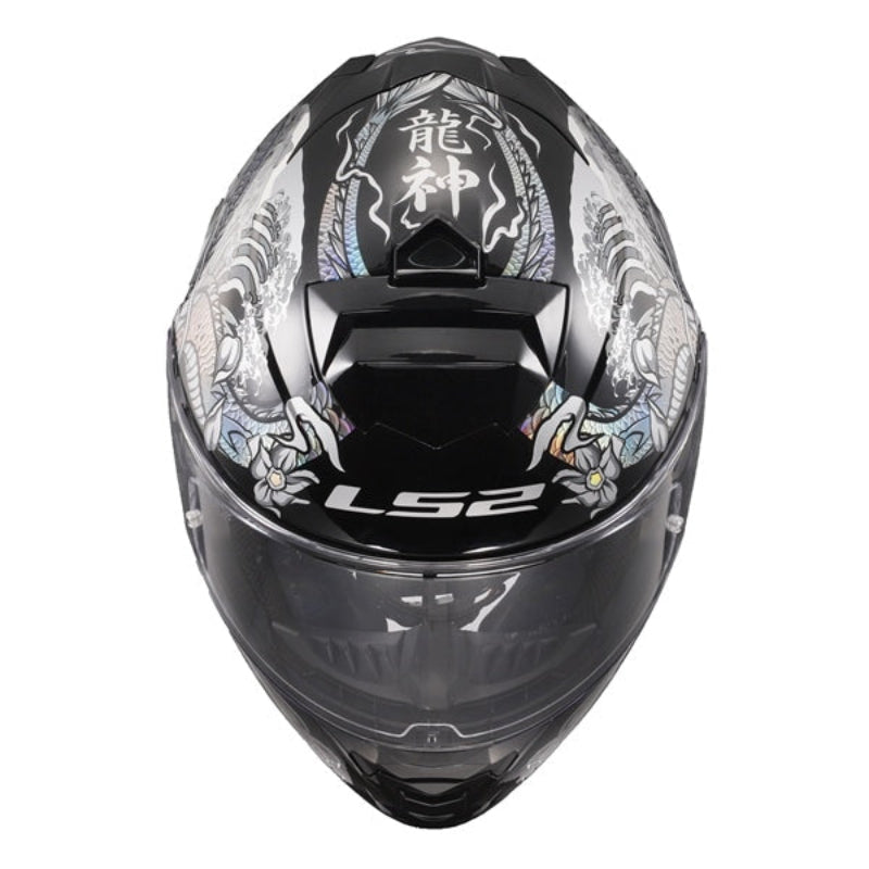 Motorcycle helmet with intricate design and 'LS2' branding on a white background