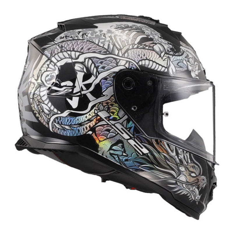 Motorcycle helmet with intricate design on a white background