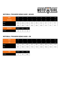 Size chart for MotoBull motorcycle jeans, providing size conversions between inches and centimeters, including leg lengths.