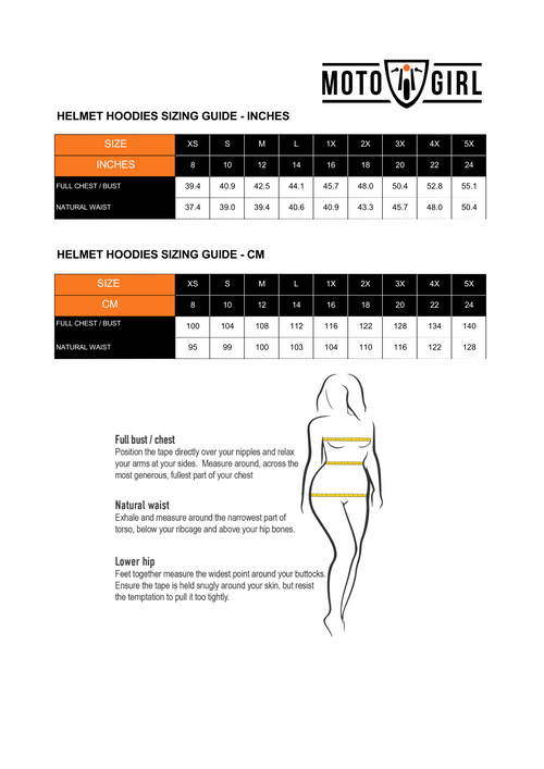 Motogirl Helmet Hoodie sizing guide in inches and cm