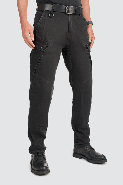 PANDO Moto MARK AAA Motorcycle Cargo Pants Black for men with AAA-rated motorcycle protection, cargo storage pockets, and abrasion-resistant construction. Premium protective riding pants for touring, adventure, and everyday motorcycle riding across Canada.