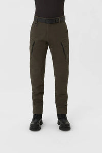 Olive motorcycle cargo pants worn by a person on a white background