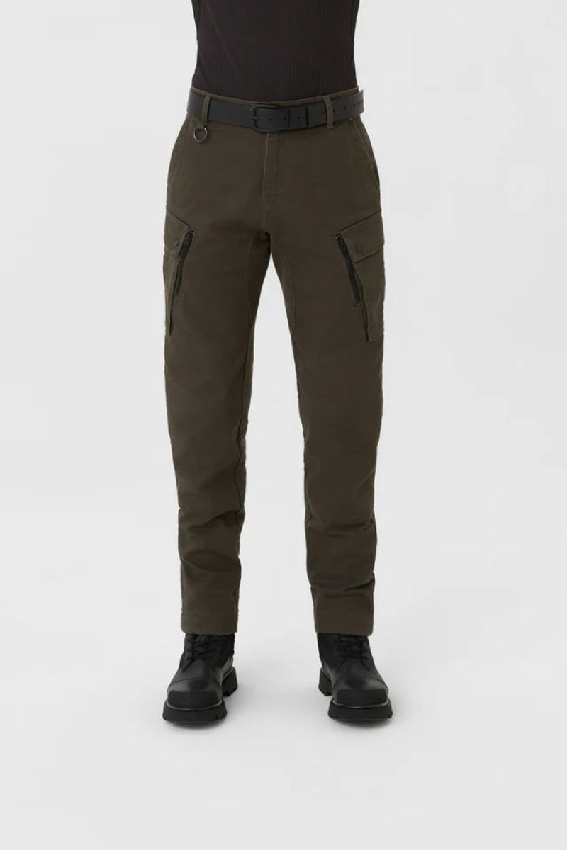 Olive motorcycle cargo pants worn by a person on a white background
