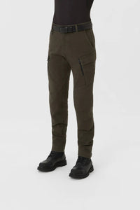 Olive motorcycle cargo pants side view worn by a person on a white background
