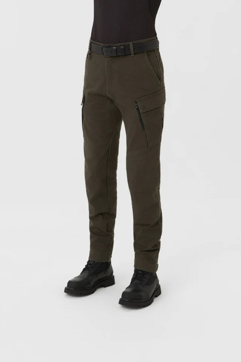 Olive motorcycle cargo pants side view worn by a person on a white background