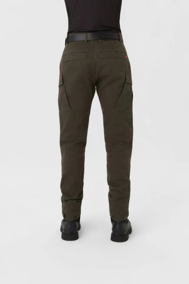 Olive green pants backside worn by a person on a white background