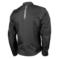 Black motorcycle jacket shown from the back, featuring a vertical reflective gray stripe on the upper back, a small 'SS' logo near the lower back, and ribbed protective padding on the sleeves.
