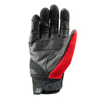 A single black leather motorcycle glove with a bright red textured grip panel on the back, shown against a plain white background.