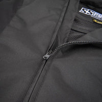 Close-up of a black zippered jacket with a silver zipper pull, showing the interior mesh lining and a visible SS Brand label.