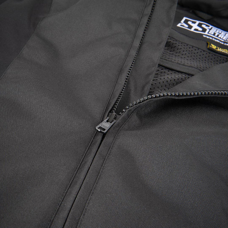 Close-up of a black zippered jacket with a silver zipper pull, showing the interior mesh lining and a visible SS Brand label.