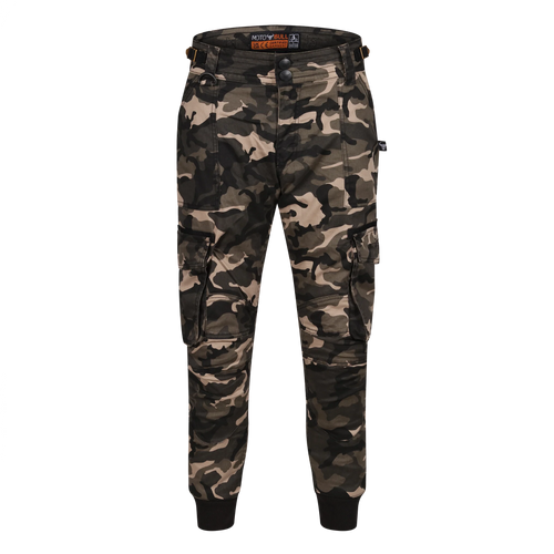 MotoBull Men's Ryan Cargo Armoured Motorcycle Pants in Camo on a white background