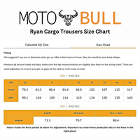 Moto Bull Ryan Cargo Trousers Size Chart on a white background
