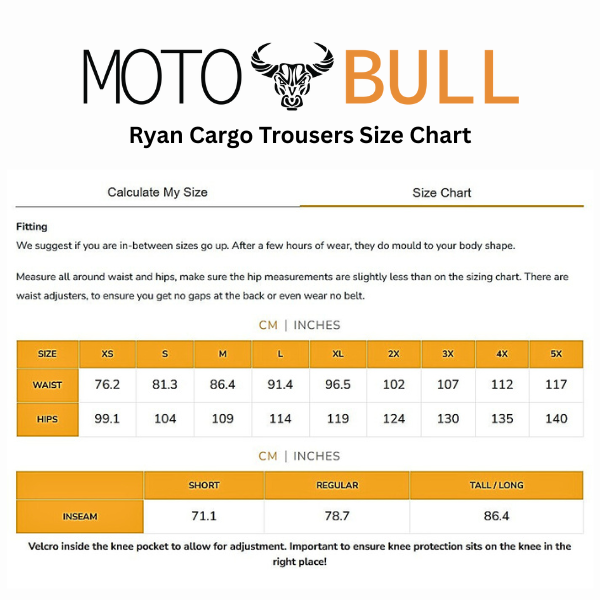 Moto Bull Ryan Cargo Trousers Size Chart on a white background