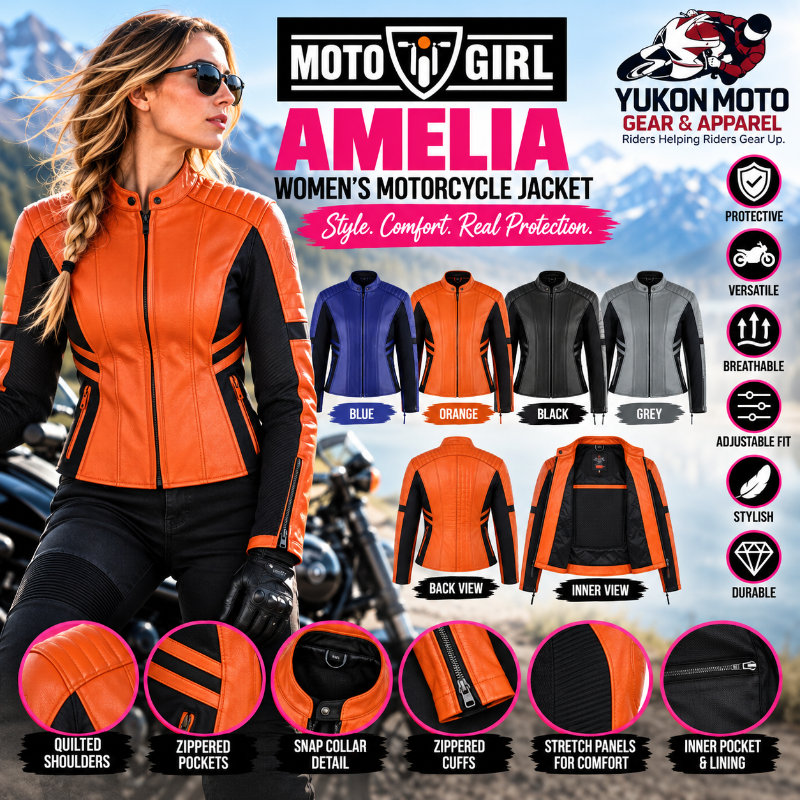 MotoGirl AMELIA women's motorcycle leather jacket promotional ad featuring Blue, Orange, Black and Grey colour options, quilted shoulders, stretch panels, zippered pockets and cuffs. Available at Yukon Moto Gear & Apparel.