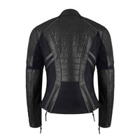 Rear view of MotoGirl Amelia women's motorcycle jacket in black, featuring quilted leather panels, stretch inserts and zippered waist adjustments.