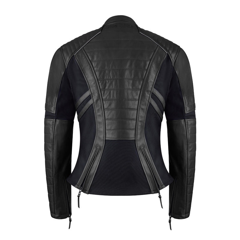 Rear view of MotoGirl Amelia women's motorcycle jacket in black, featuring quilted leather panels, stretch inserts and zippered waist adjustments.